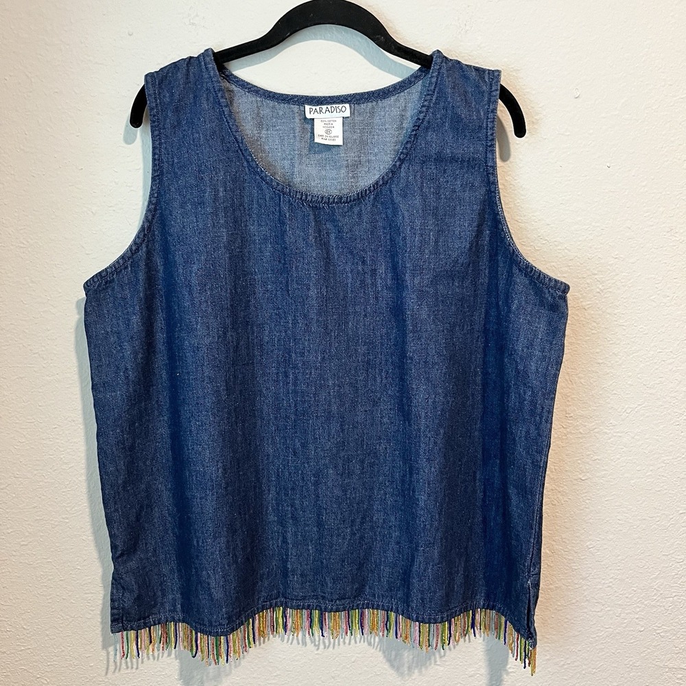 Vintage Paradiso Tank Top Size 0X Denim Beaded Fringe Hem Artsy Boho Festival
